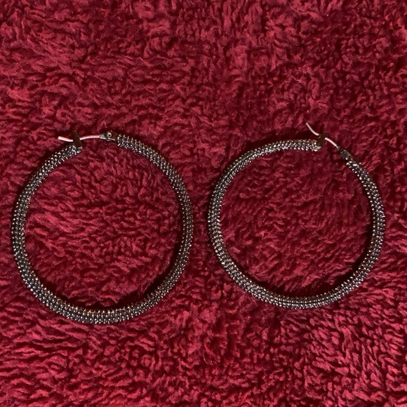 1.5” Hoop Earrings Black W/Small Rhinestones, EUC - Picture 5 of 8